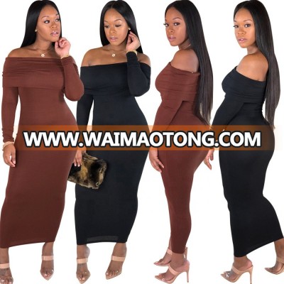 B30936A 2018 Fashion Winter Women Off the shoulder Pullover Maxi Dress Wholesale